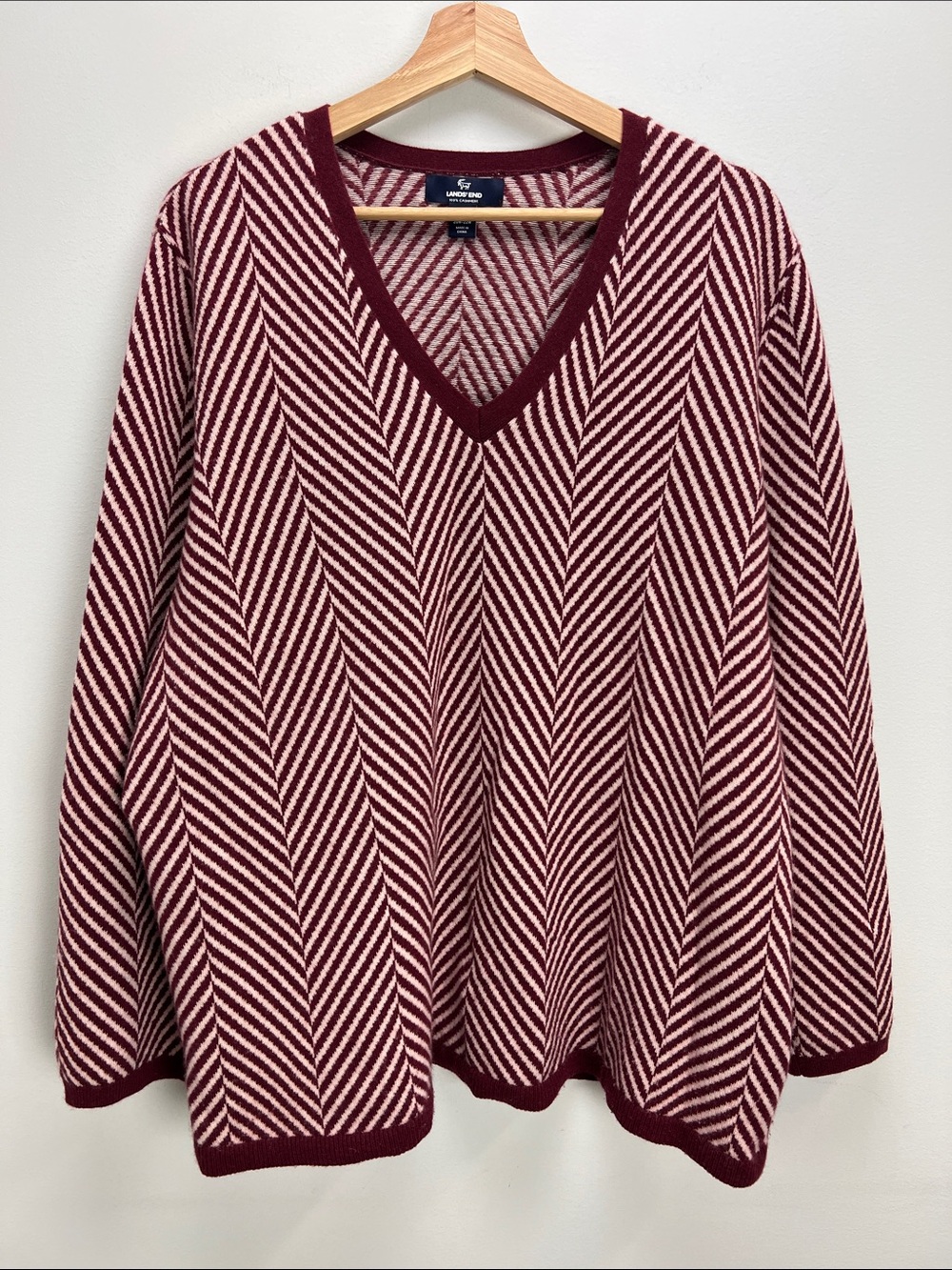 Lands End Cashmere Sweater Red Chevron V Neck Burgundy Womens 2X 20W 22W Soft